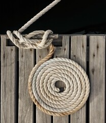 coiled rope on a wooden board