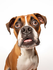 Playful Boxer Dog Making Silly, Wide-Eyed Face on White Background