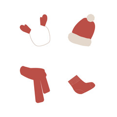 Winter clothes. Knitted hat, christmas sock and Scarf.