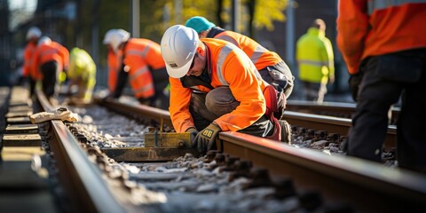 Railway workers repairing the rails , concept of Infrastructure maintenance - obrazy, fototapety, plakaty