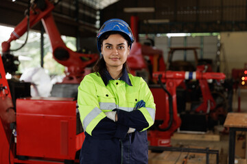 Portrait of female industrial engineer  working with robotic technology machine.