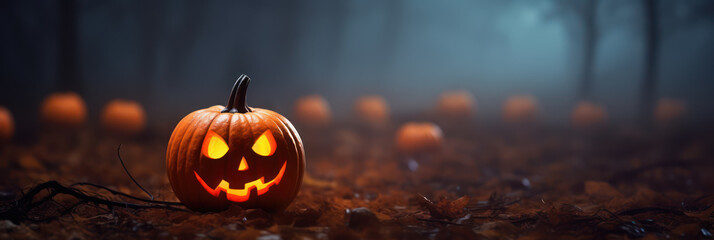 Spooky Pumpkin with Dark Hollow Eyes Surrounded by Fog