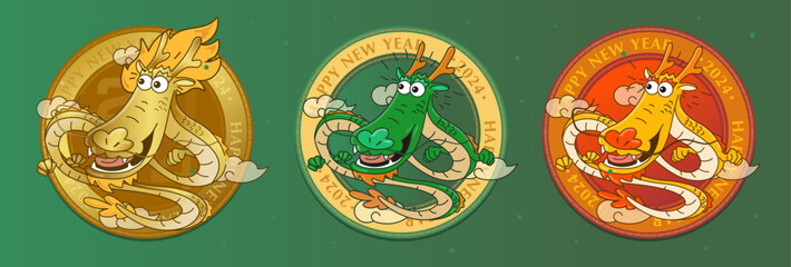 Vector lunar year of cartoon dragon circle badge happy new year - obrazy, fototapety, plakaty