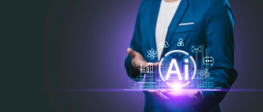 ai artificial intelligence with technology to planning business information data, tech, network. human use AI to help work, AI Learning and Artificial Intelligence for Business, modern technology.