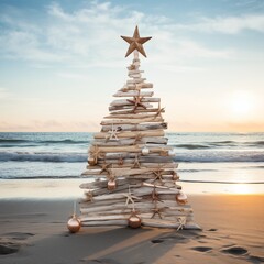 A driftwood Christmas tree standing on the beach with room for text.