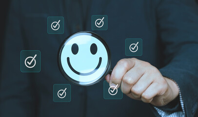 Concept smile face icon feedback, customer feedback and correct sign mark. 