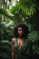 A beautiful charming African American woman looking at the camera in the forest against the background of large green leaves of the monstera. Spa, natural beauty, care concepts.
