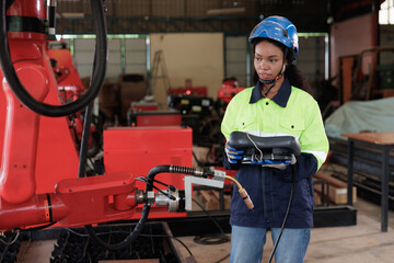 Woman engineer controlling and checking robot arm at factory. Technology, automation, innovation and engineering concept.