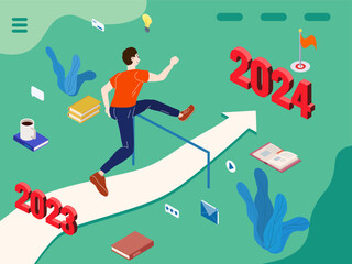 Young man jumping and run to Happy new year 2024