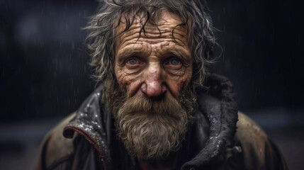 Lonely old homeless man with beard in winter rain, emotional look sad eyes, close-up portrait