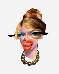 Contemporary art collage. Creative portrait of affective woman with up bright makeup to accentuate her extravagant appearance. - obrazy, fototapety, plakaty