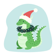 cute cartoon green dragon, 2024 new year, wearing santa hat and garland 