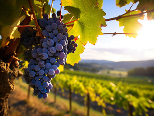 Fototapeta premium A picturesque vineyard showcasing clusters of grapes ready for harvesting.