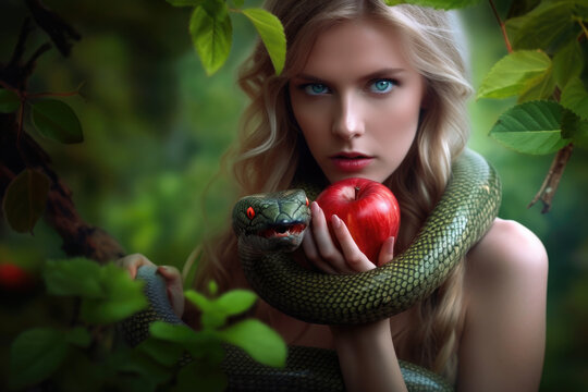 Woman Eve with snake and apple. Concept of temptation and mythology.