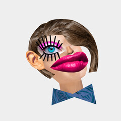 Contemporary art collage. Creative portrait, caricature of man with modern hairstyle and bright...