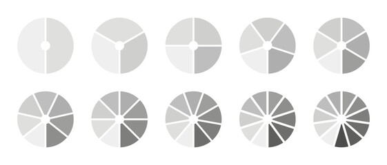 Set of circle division on 2, 3, 4, 5, 6, 7, 8, 9, 10, 11 equal parts. Infographic graphs. Round divided diagrams with segments. Infographic collection. Coaching wheel blanks. Vector illustration. Eps. - obrazy, fototapety, plakaty