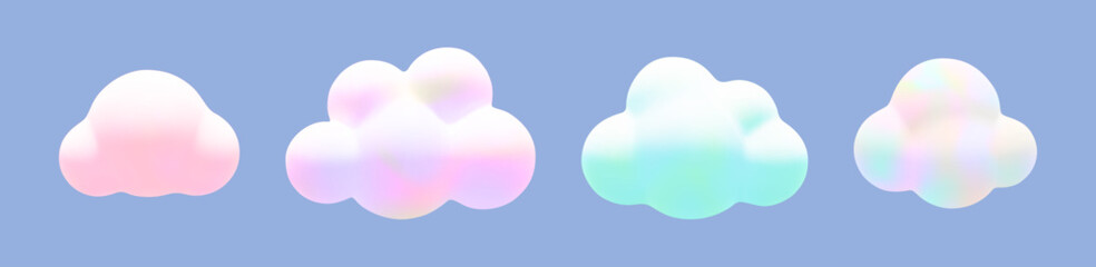 Cartoon 3d holographic fluffy clouds set. Vector soft gradient magic cloud on blue background. 3d Render fairy pastel bubble shape, round fantasy geometric cumulus illustration for design, game, app.