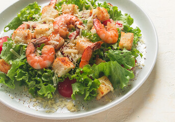 caesar salad, with shrimp, on a white background, homemade, no people,