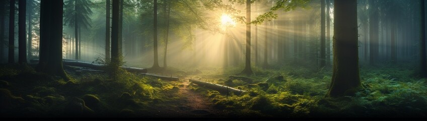 A misty forest in the early morning, with sunbeams filtering through trees and leaving room above...