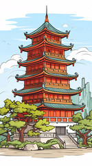 Chinese style ancient architectural scene illustration, urban landmark building national trend background