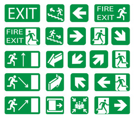 Fire safety signs. Set of emergency exit and fire exit signs, emergency exit direction.