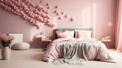 Pink-themed bedroom with stylish decor. Concept of peaceful modern living.