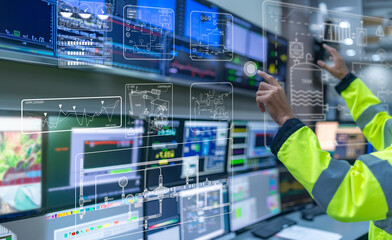 Engineer working at control room,Manager control system,Technician man monitoring program from a...