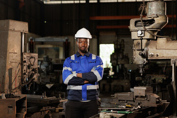 Portrait of happy smiling African American man engineer worker  wearing safety vest and helmet