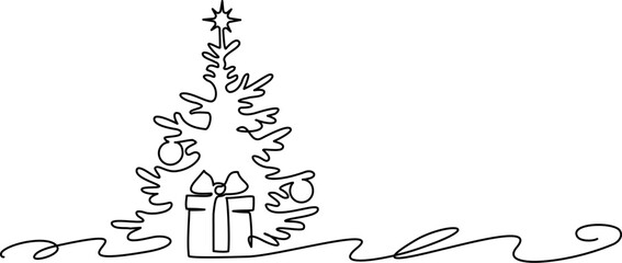 Christmas pine fir tree with gift stroke decoration. Continuous one line drawing.