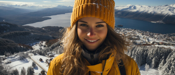 Sonniges Berg-Selfie: Frau in gelber Winterkleidung