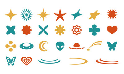 Set of isolated abstract shapes for design in groove style.Retro colors, 60s and 70s. Yu2k.Vector stock illustration.