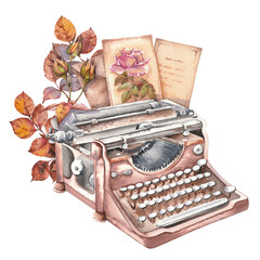 Retro typewriter with old paper cards and flowers. Watercolor illustration isolated on white background.