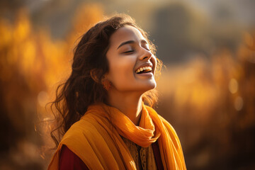 A Indian woman breathes calmly looking up enjoying autumn air - obrazy, fototapety, plakaty