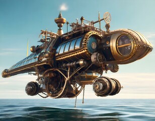 Concept of a large flying machine sailing in the sea in steampunk style generated by AI, digital art.