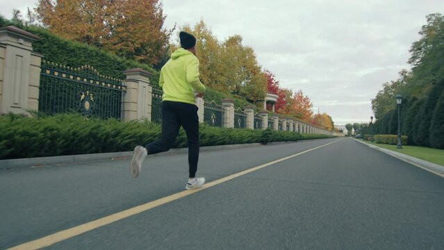 Back view of male runner in tracksuit and black bini hat running lonely on road with metal fence, evergreens, red, yellow and orange trees making a fence. High quality 4k footage