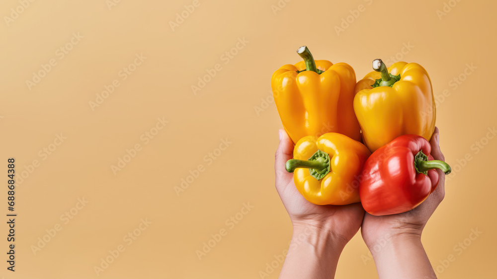 Sticker Hand holding bell pepper vegetable isolated on pastel background - Stickers