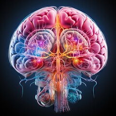 Image depicts cross-sectional view of human brain, revealing its complex structure of interconnected structures.