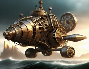 Fototapeta premium Concept of a large flying machine sailing in the sea in steampunk style generated by AI, digital art.