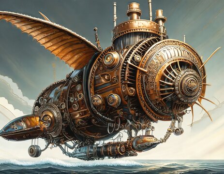 Concept of a large flying machine sailing in the sea in steampunk style generated by AI, digital art.