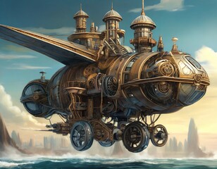 Concept of a large flying machine sailing in the sea in steampunk style generated by AI, digital art.