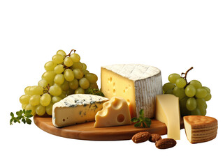  A sophisticated cheese board with assorted cheeses, nuts,  crackers and grapes on transparent background.