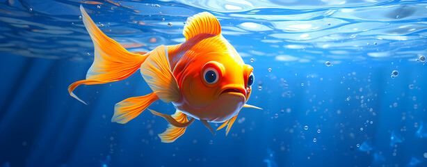 A bright orange goldfish swims in clear blue water. It looks surprised with big eyes and fins spread wide under the water's surface