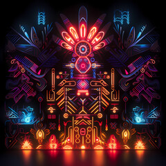 an ephemeral symphony featuring neon lights and tribal motifs playing with shadows and light
