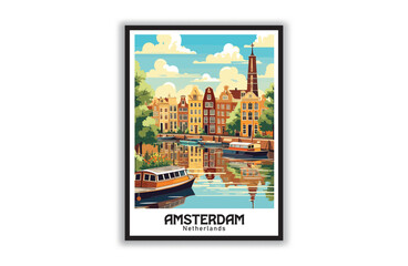 Amsterdam. Vintage National Park Posters, National Park Art Prints Nature Wall Art and Mountain Print Set Abstract Travel for Hikers Campers Living Room Decor. Vector illustration, Design, Colorful