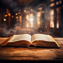 Old Book With Lights And Bright Letters On Aged Table In Defocused 