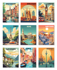 Set of 9 Vintage European City Travel Posters Set: Amsterdam, Barcelona, Berlin, London, Paris, Rome, Santorini, Venice, Switzerland - obrazy, fototapety, plakaty