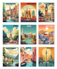 Gordijnen Set of 9 Vintage European City Travel Posters Set: Amsterdam, Barcelona, Berlin, London, Paris, Rome, Santorini, Venice, Switzerland © ImageDesigner
