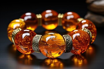 An exquisite and expensive amber bracelet on the hand. - obrazy, fototapety, plakaty