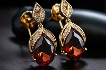 Amber earrings with gold elements. - obrazy, fototapety, plakaty
