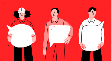 Group of People standing and holding blank empty Speech bubbles. Social media, chat, conversation, message, contact, meeting concept. Cartoon style isolated characters. Hand drawn Vector illustration
